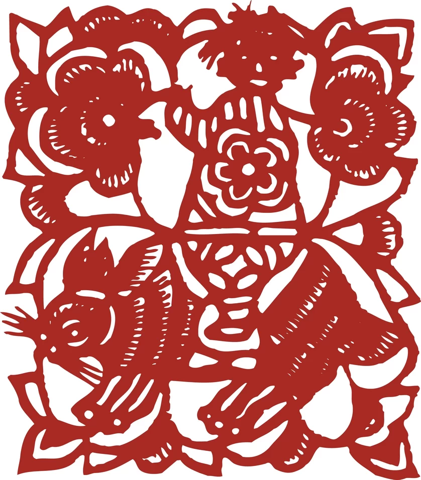 中国风中式传统喜庆民俗人物动物窗花剪纸插画边框AI矢量PNG素材【179】